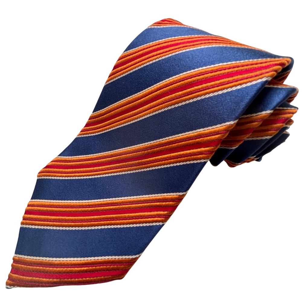 Ermenegildo Zegna Repp Tie Blue Orange Striped Silk Cotton Business Preppy Italy